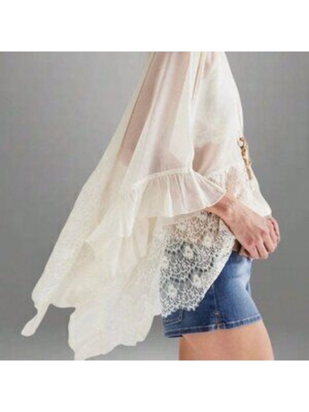 White Casual Women's Y2K Poncho Top, Oversized V-Neck Lace Blouse - Picture 2 of 3